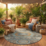 8' Chocolate And Beige Round Oriental Washable Indoor Outdoor Area Rug