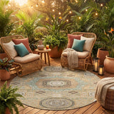 8' Gold And Sage Round Oriental Washable Indoor Outdoor Area Rug