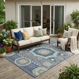 5' X 8' Navy Blue And Beige Oriental Washable Indoor Outdoor Area Rug