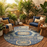 8' Navy Blue And Beige Round Oriental Washable Indoor Outdoor Area Rug