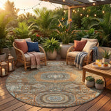 8' Orange And Copper Round Oriental Washable Indoor Outdoor Area Rug