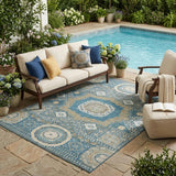 5' X 8' Teal Blue And Ivory Oriental Washable Indoor Outdoor Area Rug