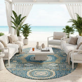 8' Teal Blue And Ivory Round Oriental Washable Indoor Outdoor Area Rug