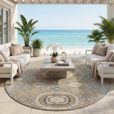 8' Taupe And Beige Round Oriental Washable Indoor Outdoor Area Rug