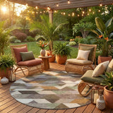 8' Chocolate And Beige Round Geometric Washable Indoor Outdoor Area Rug