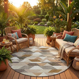 8' Ivory And Beige Round Geometric Washable Indoor Outdoor Area Rug