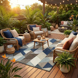 8' Navy Blue And Teal Blue Round Geometric Washable Indoor Outdoor Area Rug
