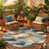 8' Teal Blue And Pale Aqua Round Geometric Washable Indoor Outdoor Area Rug