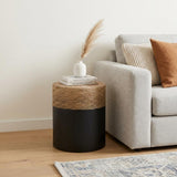 Set of Two Beige and Black Rattan and Solid Wood Round Drum Nested Tables