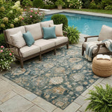 5' X 8' Green And Teal Blue Botanical Leaves Washable Indoor Outdoor Area Rug