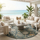 8' Green And Teal Blue Round Botanical Leaves Washable Indoor Outdoor Area Rug