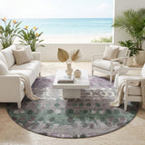 8' Plum And Gray Round Geometric Washable Indoor Outdoor Area Rug