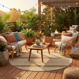 8' Gold And Ivory Round Striped Washable Indoor Outdoor Area Rug