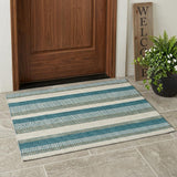 3' X 5' Teal Blue And Ivory Striped Washable Indoor Outdoor Area Rug