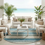 8' Teal Blue And Ivory Round Striped Washable Indoor Outdoor Area Rug