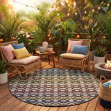 8' Black And Gold Round Striped Washable Indoor Outdoor Area Rug
