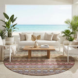 8' Chocolate And Gold Round Striped Washable Indoor Outdoor Area Rug