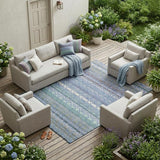 8' X 10' Denim Blue And Sky Blue Striped Washable Indoor Outdoor Area Rug
