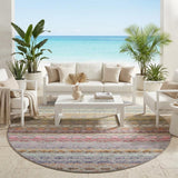 8' Gray And Chocolate Round Striped Washable Indoor Outdoor Area Rug