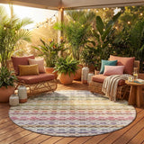 8' Ivory And Chocolate Round Striped Washable Indoor Outdoor Area Rug