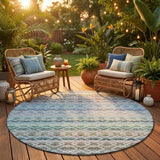 8' Sky Blue And Ivory Round Striped Washable Indoor Outdoor Area Rug