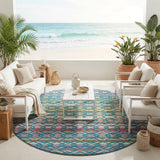 8' Teal Blue And Ivory Round Striped Washable Indoor Outdoor Area Rug