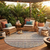 8' Taupe And Beige Round Striped Washable Indoor Outdoor Area Rug