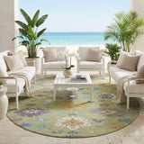 8' Green And Taupe Round Oriental Washable Indoor Outdoor Area Rug