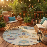8' Beige And Green Round Oriental Washable Indoor Outdoor Area Rug