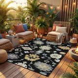 8' Black And Beige Round Oriental Washable Indoor Outdoor Area Rug