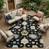 8' X 10' Black And Beige Oriental Washable Indoor Outdoor Area Rug