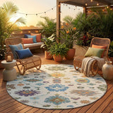 8' Ivory And Beige Round Oriental Washable Indoor Outdoor Area Rug