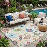 5' X 8' Linen And Navy Blue Oriental Washable Indoor Outdoor Area Rug