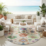 8' Linen And Navy Blue Round Oriental Washable Indoor Outdoor Area Rug