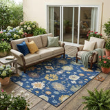 5' X 8' Navy Blue And Ivory Oriental Washable Indoor Outdoor Area Rug
