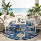 8' Navy Blue And Ivory Round Oriental Washable Indoor Outdoor Area Rug