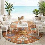 8' Orange And Teal Blue Round Oriental Washable Indoor Outdoor Area Rug