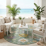 8' Sage And Orange Round Oriental Washable Indoor Outdoor Area Rug