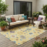 5' X 8' Yellow And Teal Blue Oriental Washable Indoor Outdoor Area Rug