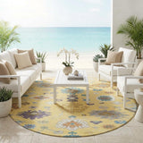 8' Yellow And Teal Blue Round Oriental Washable Indoor Outdoor Area Rug