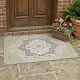 3' X 5' Green And Beige Floral Medallion Washable Indoor Outdoor Area Rug