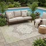 5' X 8' Green And Beige Floral Medallion Washable Indoor Outdoor Area Rug