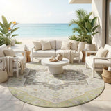 8' Green And Beige Round Floral Medallion Washable Indoor Outdoor Area Rug