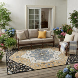 5' X 8' Black And Gold Floral Medallion Washable Indoor Outdoor Area Rug