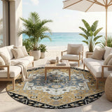 8' Black And Gold Round Floral Medallion Washable Indoor Outdoor Area Rug