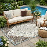 5' X 8' Chocolate And Ivory Floral Medallion Washable Indoor Outdoor Area Rug
