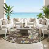 8' Chocolate And Ivory Round Floral Medallion Washable Indoor Outdoor Area Rug