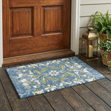 3' X 5' Denim Blue And Ivory Floral Medallion Washable Indoor Outdoor Area Rug