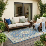 5' X 8' Denim Blue And Ivory Floral Medallion Washable Indoor Outdoor Area Rug