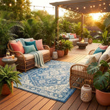 8' Denim Blue And Ivory Round Floral Medallion Washable Indoor Outdoor Area Rug
